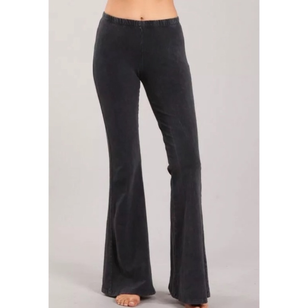 Dark Gray Boho Mineral Wash Flared Stretch Pants - Picture 2 of 6